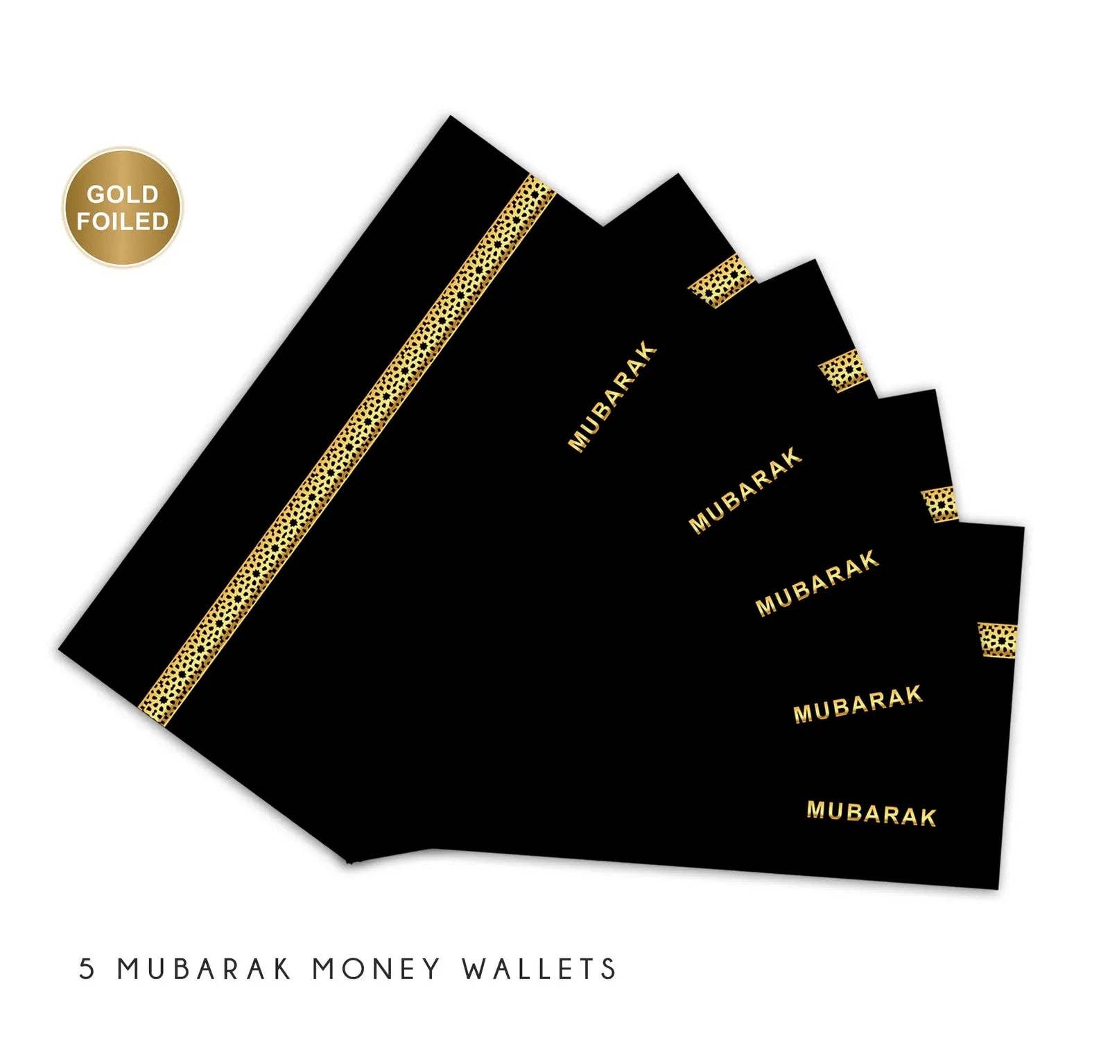 Black with Gold Eid Mubarak Money Wallets- Pack of 5