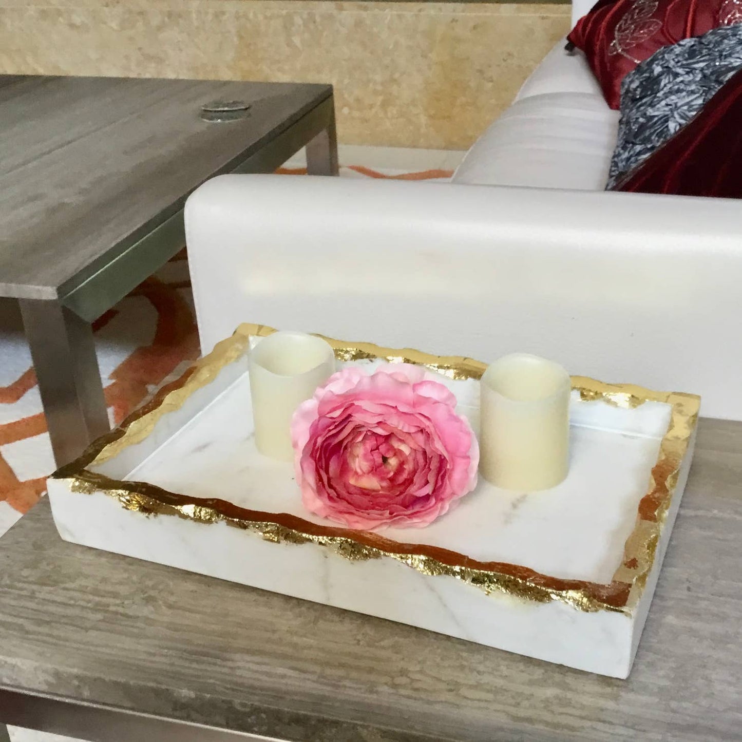 White Marble Tank Tray with Gold Trim