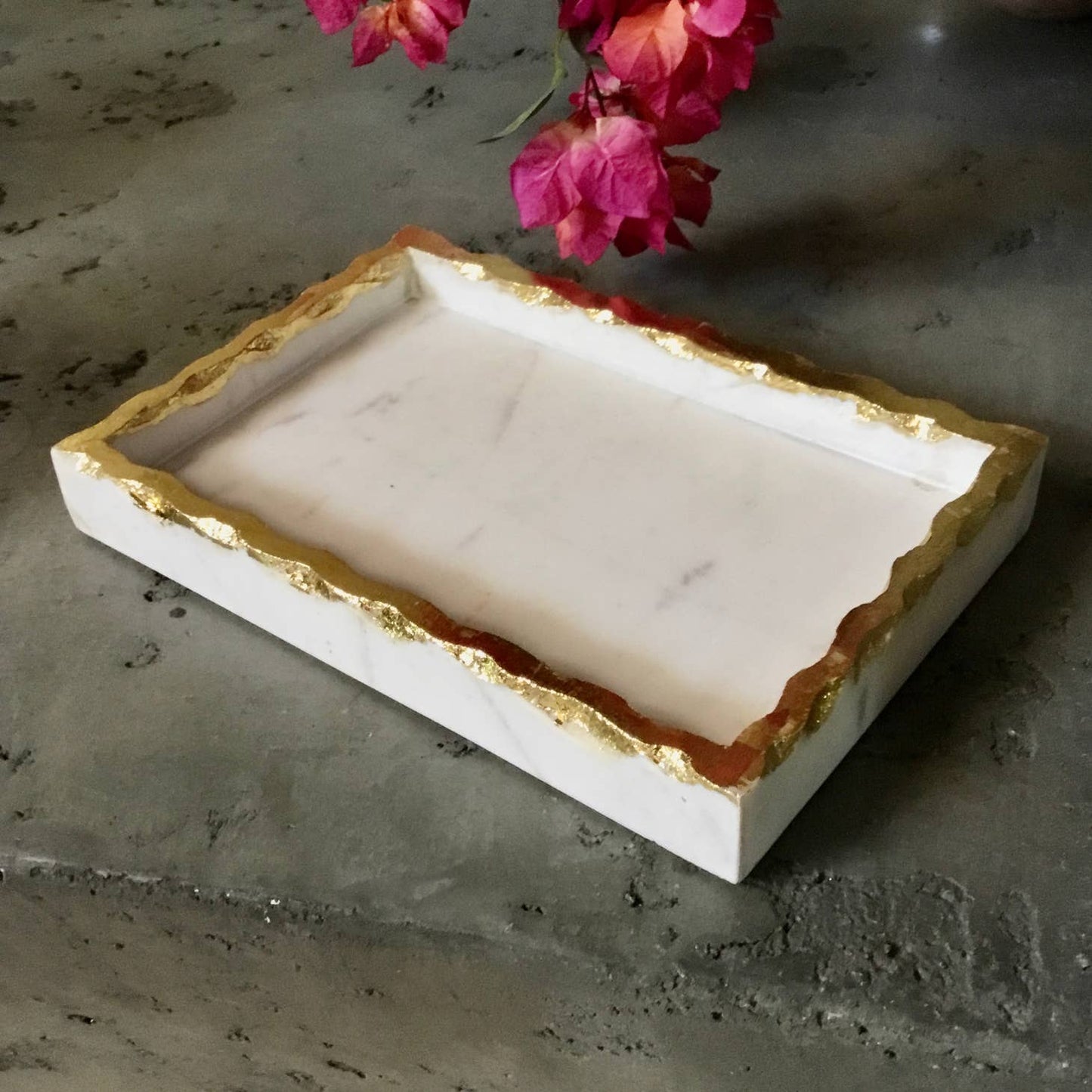 White Marble Tank Tray with Gold Trim