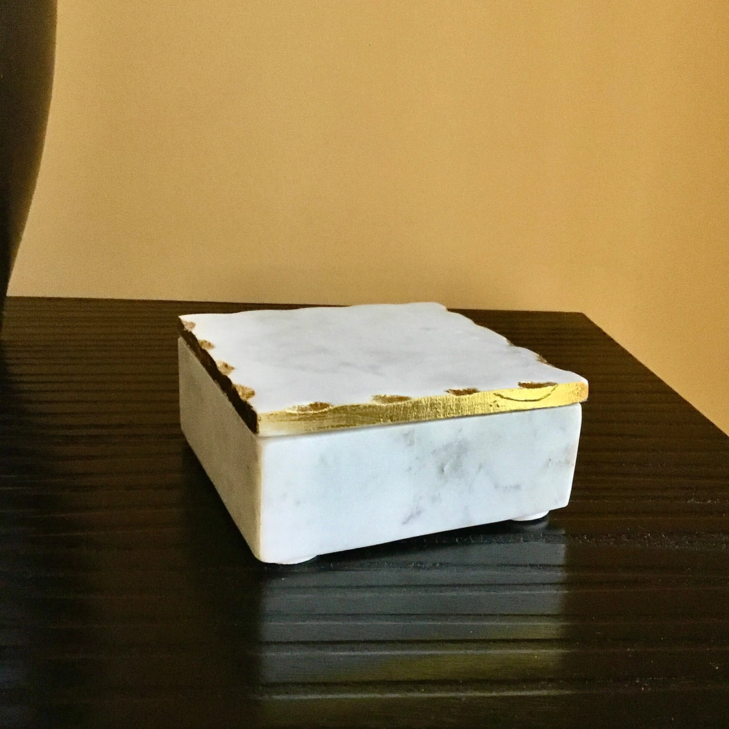 White Marble Box with Gold Edge Lid