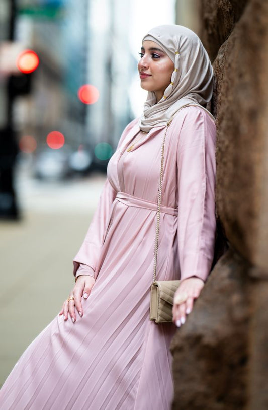 Pink Cuff Sleeves Pleated Abaya