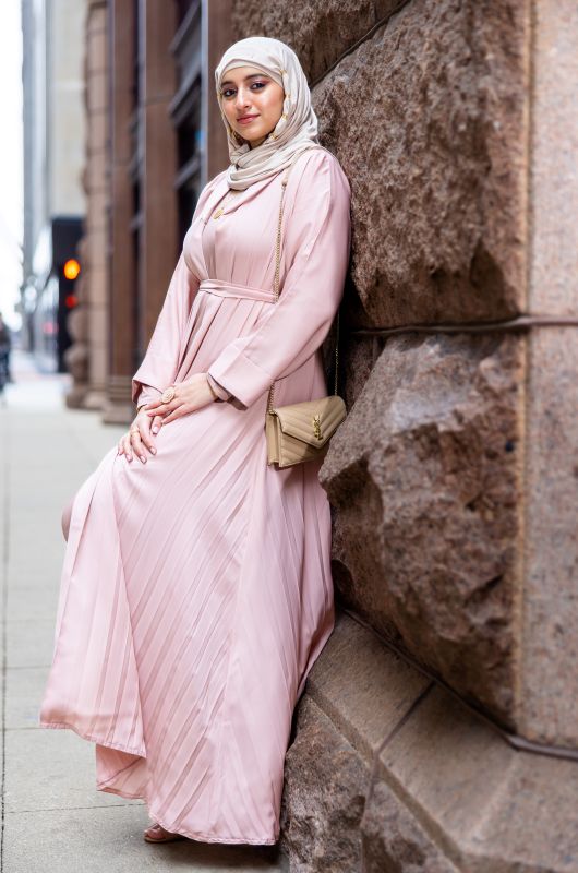 Pink Cuff Sleeves Pleated Abaya