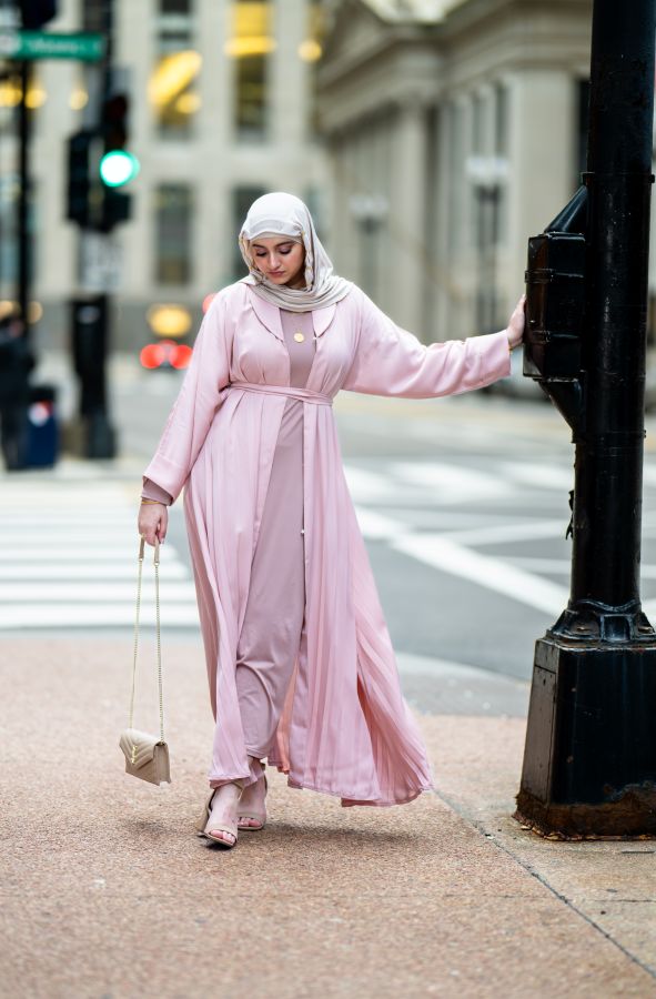 Pink Cuff Sleeves Pleated Abaya
