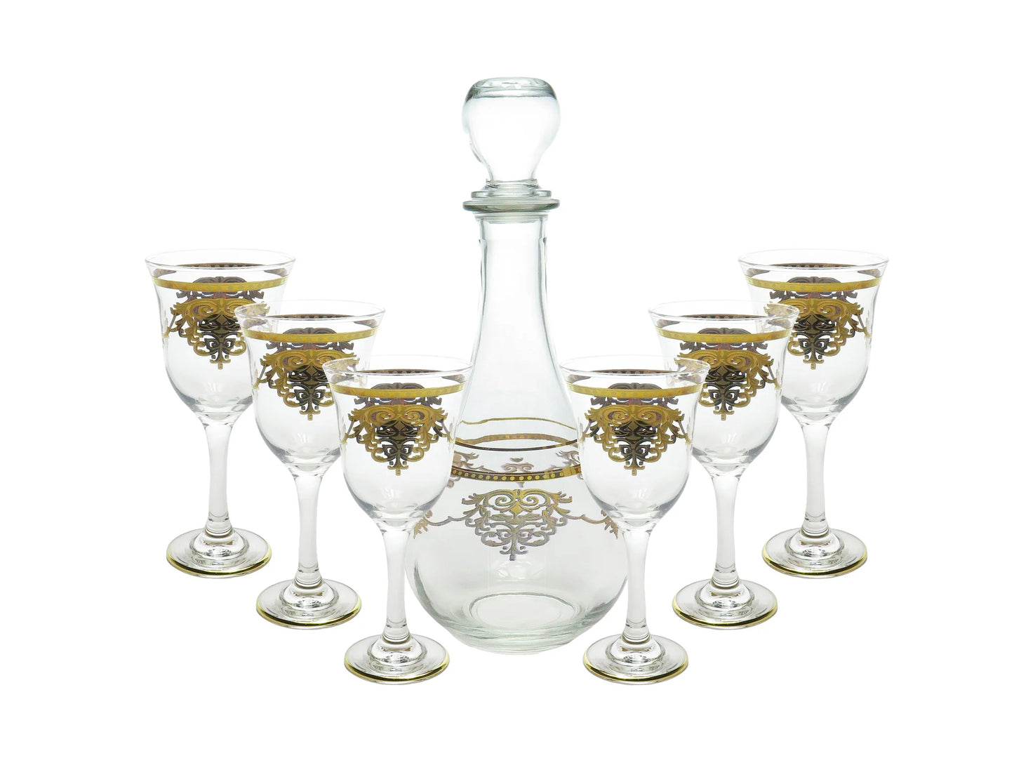 7 Piece Decanter and Glass Set with Gold Artwork