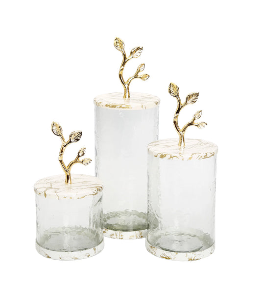 Glass Canister with White/Gold Marble Lid and Leaf Handle