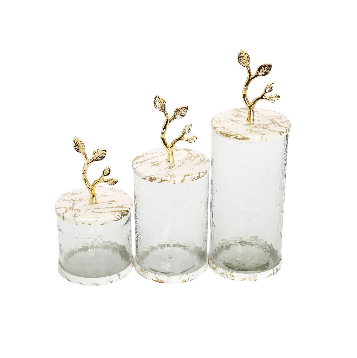 Glass Canister with White/Gold Marble Lid and Leaf Handle