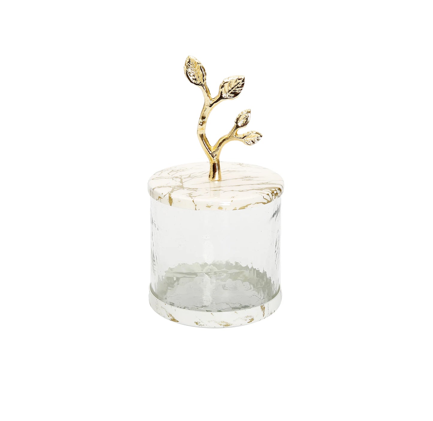 Glass Canister with White/Gold Marble Lid and Leaf Handle