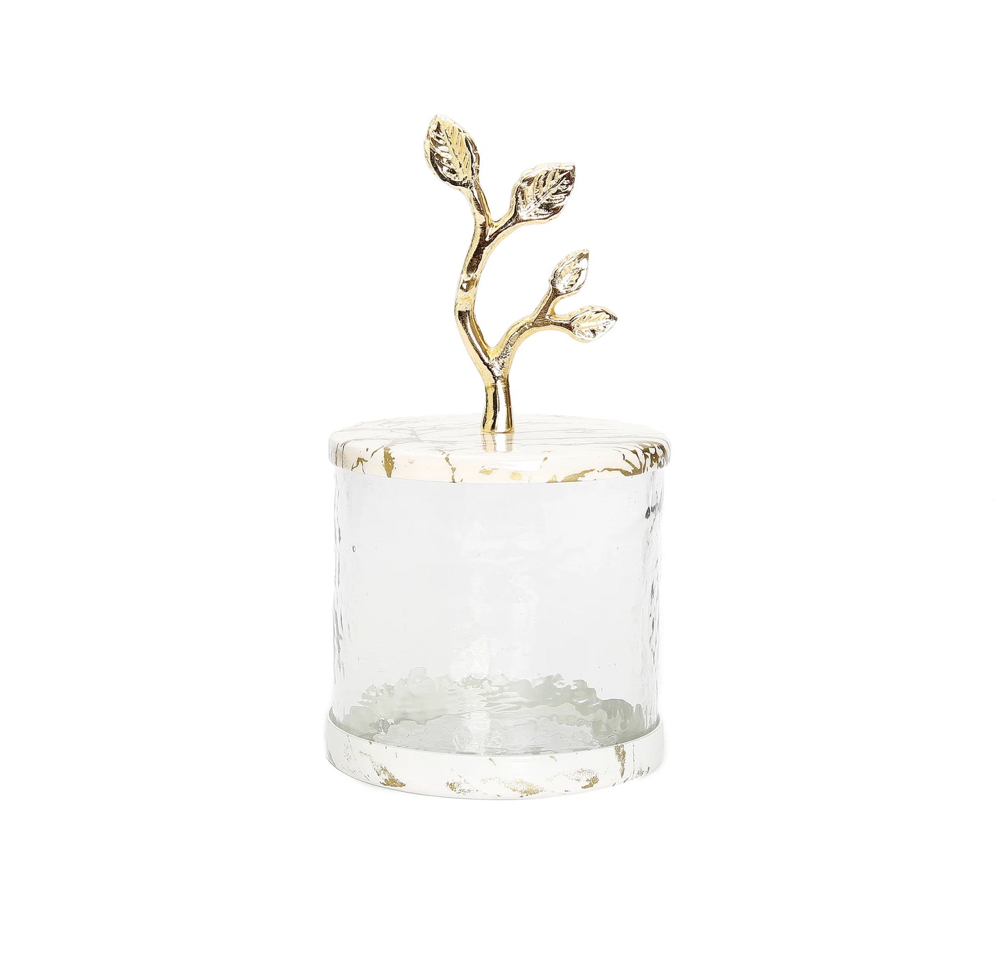 Glass Canister with White/Gold Marble Lid and Leaf Handle